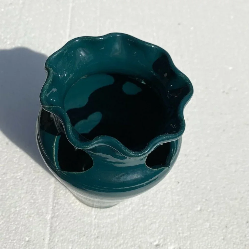 Vintage 90s R&L Studio Pottery Vase Seagrove NC Green Hearts Signed S Richardson